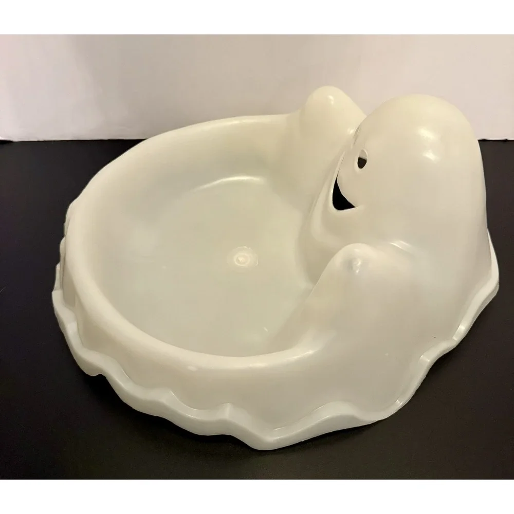 Glow in the Dark Plastic Halloween Candy Dish Bowl Molded White Ghost Shape VTG